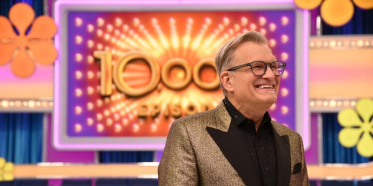Drew Carey does an interview at the taping of the 10,000th episode of "The Price Is Right" at Haven Studios on Feb. 4, 2025, in Glendale, California.