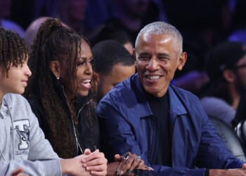 Michelle Obama and Barack Obama attend the 75th NBA All-Star Game at Intuit Dome on Feb. 15, 2026, in Inglewood, California.