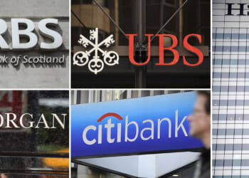 A combination of file pictures shows the logos of the Royal Bank of Scotland, (RBS) JP Morgan Chase, UBS, Citibank and HSBC.