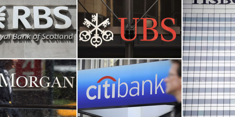 A combination of file pictures shows the logos of the Royal Bank of Scotland, (RBS) JP Morgan Chase, UBS, Citibank and HSBC.