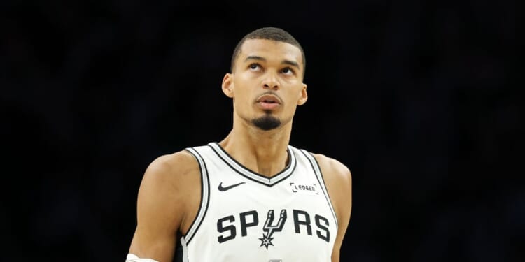 Victor Wembanyama of the San Antonio Spurs looks on during the first quarter against the Minnesota Timberwolves in Game Four of the Second Round of the NBA Western Conference Playoffs at Target Center on May 10, 2026, in Minneapolis, Minnesota.