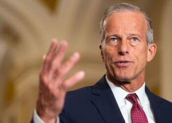 Senator John Thune speaks to reporters in the Capitol.