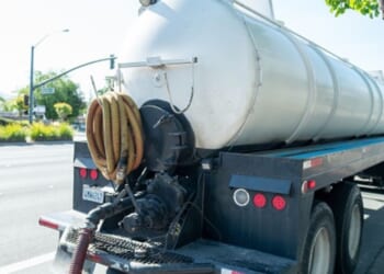 A septic truck sits on the road in Pleasant Hill, California on April 16, 2026.