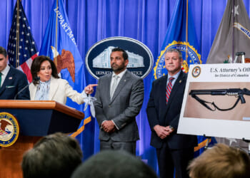 U.S. Attorney for the District of Columbia Jeanine Pirro points at a picture of a shotgun carried by Cole Tomas Allen, the suspect in the shooting incident in Washington at the annual White House Correspondents' Association dinner, as she and acting Attorney General Todd Blanche, U.S. Federal Bureau of Investigation (FBI) Director Kash Patel, Assistant Director in Charge (ADIC) of the FBI Washington Field Office Darren Cox take part in a press conference about the shooting incident, at the U.S. Department of Justice, in Washington, D.C., U.S., April 27, 2026. REUTERS/Kylie Cooper/File Photo