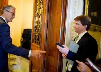Senate Majority Leader John Thune (R-SD) speaks to reporters as he walks into the Senate Chamber of the U.S.