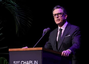 Stephen Colbert speaks onstage during the 51st Chaplin Award Gala honoring George Clooney at Alice Tully Hall, Lincoln Center, on April 27, 2026, in New York City.