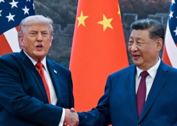 President Donald Trump shakes hands with China's President Xi Jinping at the Great Hall of the People in Beijing on May 14, 2026.