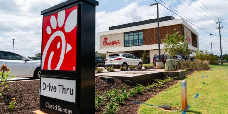 The first elevated Chik-Fil-A restaurant is seen on opening day on Aug. 22, 2024, in McDonough, Georgia. The concept restaurant, the first of its kind for Chik-Fil-A, is drive-through only and has a kitchen above four drive-through lanes with orders being delivered to team members below via a proprietary elevator system.