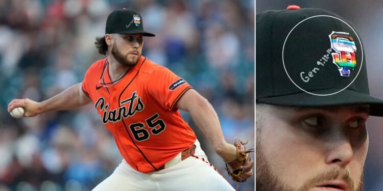 Landen Roupp #65 of the San Francisco Giants modified his "pride" hat with a Bible verse before pitching against the Chicago Cubs Friday in San Francisco, California.