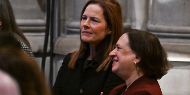 WASHINGTON, DC - JANUARY 9: Supreme Court Associate Justices Amy Coney Barrett and Elena Kagan arrive ahead of the state funeral services for former President Jimmy Carter at the National Cathedral on January 9, 2025 in Washington, D.C. Afterwards Carter's body will be flown back to Georgia and buried in his hometown, Plains. (Photo by Ricky Carioti/The Washington Post via Getty Images)