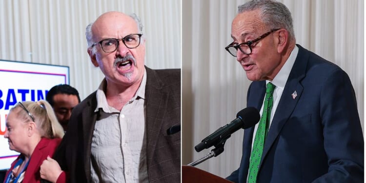 A protester identified as Sam Husseini, left, was escorted out of a news conference where Sen. Chuck Schumer, right, a New York Democrat, was trying to speak.