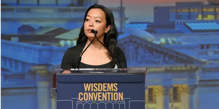 Wisconsin gubernatorial candidate Francesca Hong speaks on stage during Wisconsin Democrats 2026 Convention on June 14, 2026, in Madison, Wisconsin.