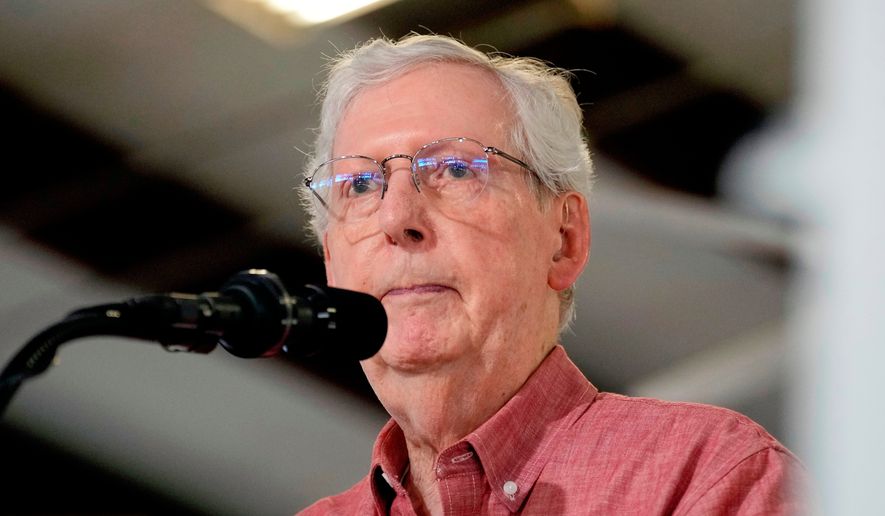 Sen. Mitch McConnell, R-Ky., speaks at an event, Aug. 2, 2025, in Fancy Farm, Ky. (AP Photo/Mark Humphrey, File)