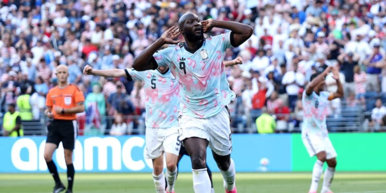 Romelu Lukaku of Belgium celebrates scoring his team's fourth goal during the FIFA World Cup 2026 Round of 16 match between USA and Belgium at Seattle Stadium on July 6, 2026, in Seattle, Washington.