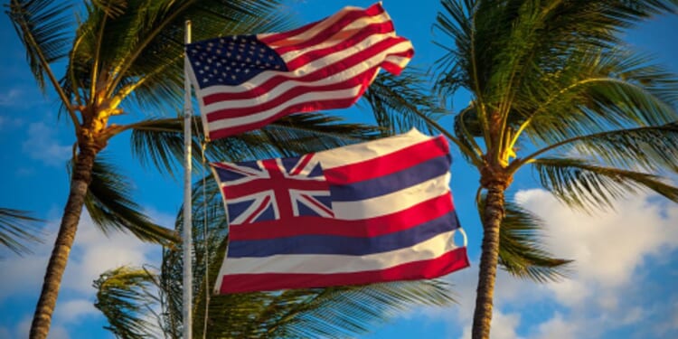 The American flag flies above the flag of Hawaii ahead of palm trees.