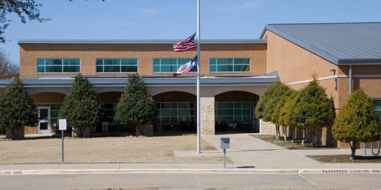 A brick school building with two flags at half-staff in front, surrounded by trimmed trees and a sidewalk under a clear blue sky.