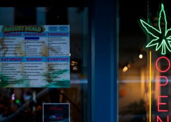 A marijuana store window is pictured from the street on August 5, 2026 in San Francisco, California.