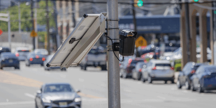 A solar panel and flock camera are mounted on a pole above a busy street with multiple cars and blurred buildings in the background.