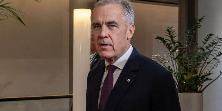 Mark Carney in a suit and tie stands indoors near plants and a light fixture, looking slightly to the side with a neutral expression, reminiscent of Mark Carney’s composed demeanor.