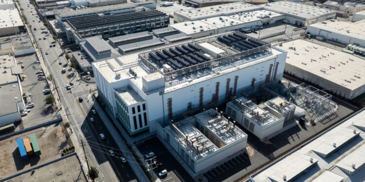 Afternoon sun shines on a data center facility in Vernon, California.