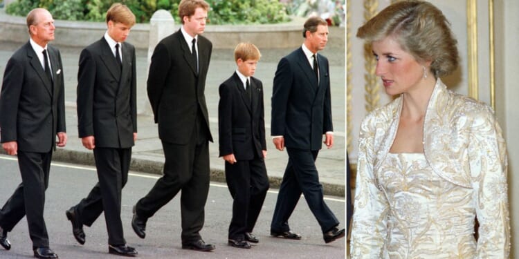 Royal family members, from left, the Duke of Edinburgh, Prince William, Charles Spencer, Prince Harry, and Prince Charles walk outside Westminster Abbey during the funeral service for Diana, Princess of Wales, on Sept. 6, 1997. At right, Diana is pictured in a 1988 photo.