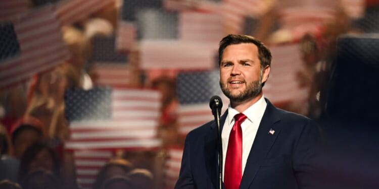 Vice President J.D. Vance speaks on stage at the 2026 Republican National Midterm Convention in Dallas, Texas.