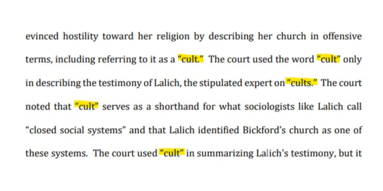 The court repeatedly referred to Calvary Chapel Greater Portland as a "cult."