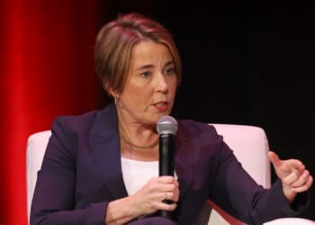 Gov. Maura Healey of Massachusetts speaks on stage during Vox Media's Pivot Tour at The Wilbur on Nov. 9, 2025, in Boston, Massachusetts.