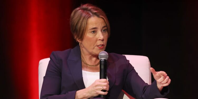 Gov. Maura Healey of Massachusetts speaks on stage during Vox Media's Pivot Tour at The Wilbur on Nov. 9, 2025, in Boston, Massachusetts.