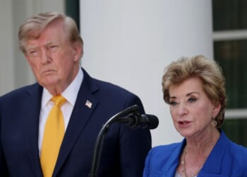 President Donald Trump and Secretary of Education Linda McMahon during an event in the Rose Garden of the White House on Aug. 24, 2026, in Washington, D.C.