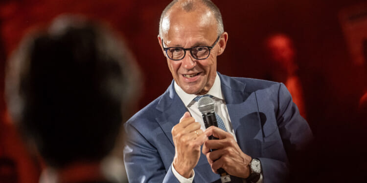 Friedrich Merz in a blue suit and glasses speaks into a microphone, gesturing with his fist raised, in front of a blurred, warmly lit background.