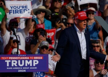 Republican presidential candidate, former President Donald Trump, speaks at a rally at Butler Farm Show Inc. on July 13, 2024, in Butler, Pennsylvania.
