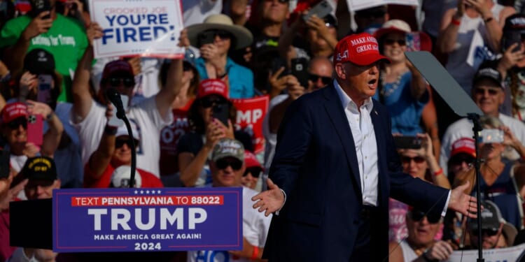 Republican presidential candidate, former President Donald Trump, speaks at a rally at Butler Farm Show Inc. on July 13, 2024, in Butler, Pennsylvania.
