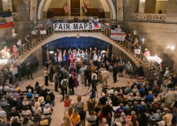 Activists gather to protest against a plan to redistrict Missouri maps ahead of the 2026 midterm elections in Jefferson City, Missouri, on Sept. 10, 2025.