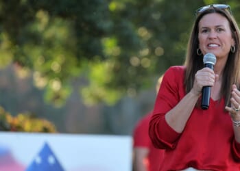 Arkansas Gov. Sarah Huckabee Sanders speaks during the opening ceremony of the Simmons Bank Championship 2024 at Pleasant Valley Country Club on Oct. 25, 2024, in Little Rock, Arkansas.