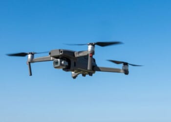 A drone flies over Syracuse, Italy on April 10, 2025.