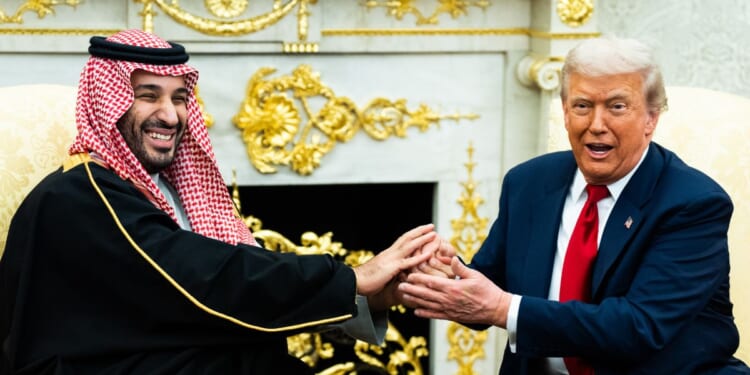 President Donald Trump and Crown Prince and Prime Minister Mohammed bin Salman of Saudi Arabia during a bilateral meeting in the Oval Office of the White House on Tuesday, Nov. 18, 2025.