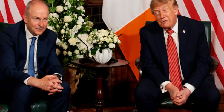 Taoiseach Michael Martin and Donald Trump in suits sit next to each other in front of flower arrangements and the U.S. and Irish flags, engaged in conversation, reflecting the strong diplomatic ties between the United States and Ireland.
