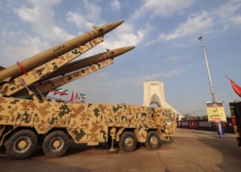 Iranian-produced Zolfaghar missiles stand in Azadi Square in Tehran on Aug. 2, 2026.
