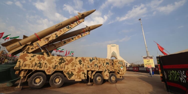 Iranian-produced Zolfaghar missiles stand in Azadi Square in Tehran on Aug. 2, 2026.