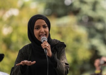 Rep. Ilhan Omar speaks to a crowd gathered for a march to defund the Minneapolis Police Department on June 6, 2020, in Minneapolis, Minnesota.