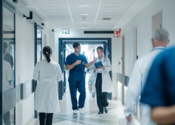 A hospital hallway is pictured as people walk through it.