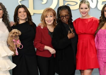 "The View" hosts, from left, Sunny Hostin, Ana Navarro, Joy Behar, Whoopi Goldberg, Sara Haines and Alyssa Farrah Griffin were all smiles in this May photo, but media reports said there was a "catfight" over who got the moderator's seat when Goldberg took a brief hiatus.