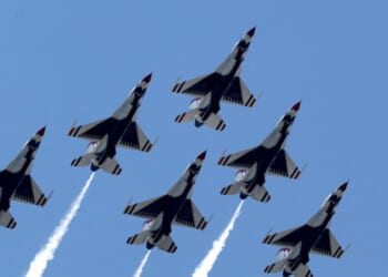 United States Air Force jets fly above the Hudson River in New York on August 4, 2026.