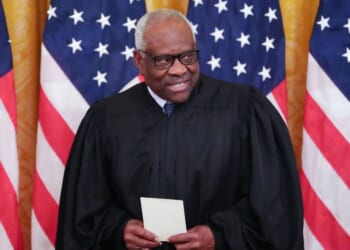 Supreme Court Justice Clarence Thomas looks on during a swearing in ceremony for new Chairman of the Federal Reserve Kevin Warsh in the East Room of the White House in Washington, D.C., on May 22, 2026.