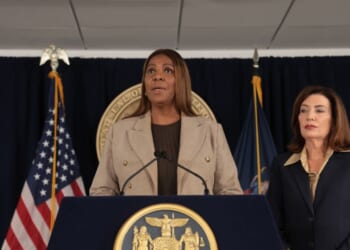New York Attorney General Letitia James stands with New York Gov. Kathy Hochul at a news conference in Manhattan, where the governor announced a review of Cornell University’s initial response to allegations from a former student about being raped at a campus fraternity in 2024 on Oct. 2, 2026, in New York City.
