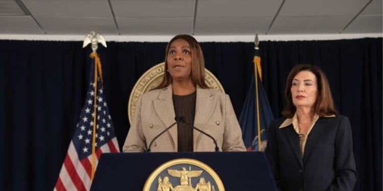 New York Attorney General Letitia James stands with New York Gov. Kathy Hochul at a news conference in Manhattan, where the governor announced a review of Cornell University’s initial response to allegations from a former student about being raped at a campus fraternity in 2024 on Oct. 2, 2026, in New York City.