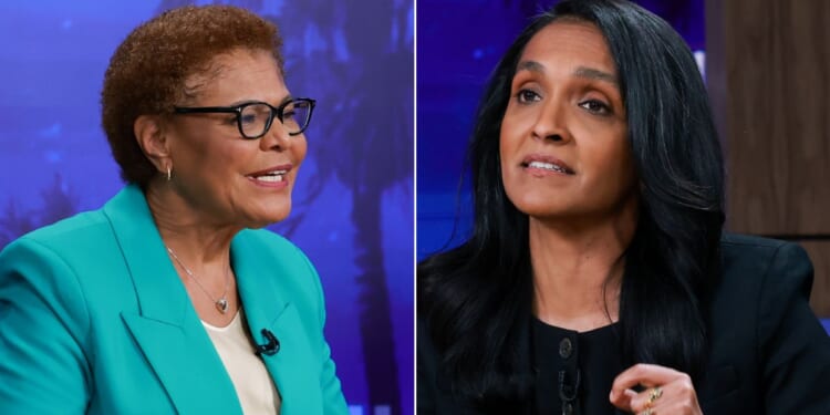 Nithya Raman, right, was evidently flustered by her debate Tuesday with incumbent Mayor Karen Bass.