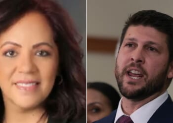 Florida Attorney General James Uthmeier, right, announced the charges against Kissimmee Mayor Jackie Espinosa, who was arrested Wednesday on grand theft and fraud charges.