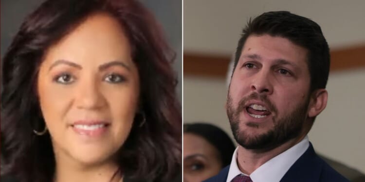 Florida Attorney General James Uthmeier, right, announced the charges against Kissimmee Mayor Jackie Espinosa, who was arrested Wednesday on grand theft and fraud charges.